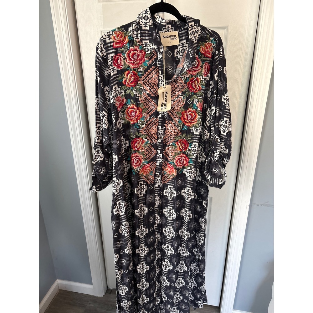 Savanna Jane Women 1X Black Tribal Floral Embroidered Maxi Shirt Dress PT10716